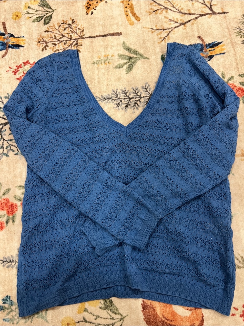 Sezane Blue Openwork V-Neck Pullover Sweater